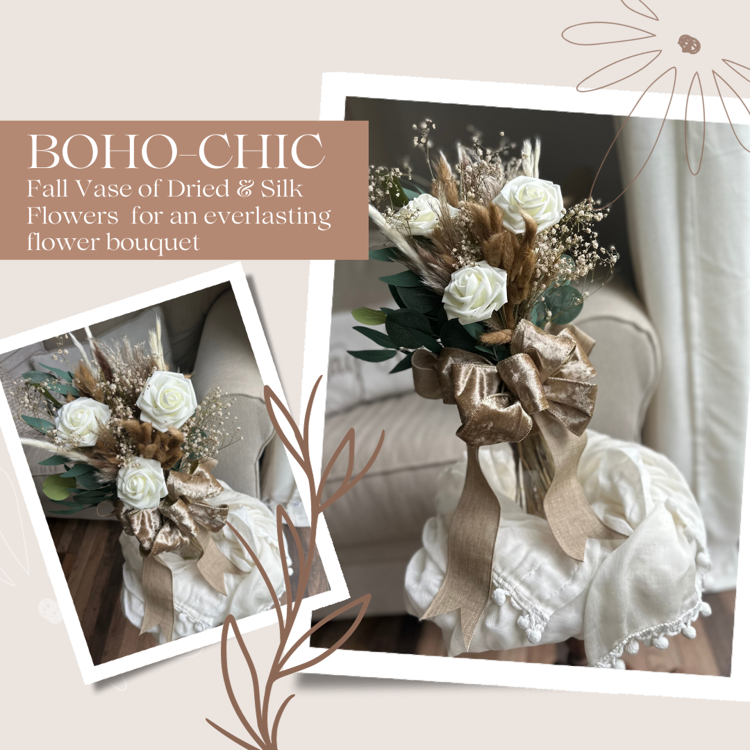 Vase of Flowers Boho Chic Beauty Rose and Pampas Grass Mixed Bouquet of Dried and Silk Flowers